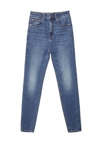 Jeans de mezclilla en un lavado azul intermedio; cintura alta, corte ajustado, cinco bolsillos, costuras en cobre y detalles en metal.
