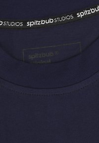 Navy blue cotton crew neck t-shirt featuring flat ribbed collar, stitching detail, and a black label with "spitzbub STUDIOS" in white text.