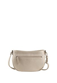 Bandolera de cuero beige con una textura suave, bolsillo frontal con cremallera y una correa ajustable. Presenta el logo cerca de la base.