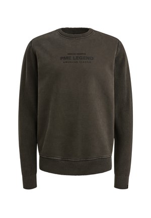 Mørkeoliven sweatshirt med ribbede manchetter og halsudskæring. Har et tekstureret logo i sort på brystet. Blødt stof, afslappet pasform.