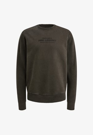 Sudadera de un verde oliva oscuro con cuello y puños acanalados. Presenta un logo texturizado en negro en el pecho. Tejido suave, corte relajado.