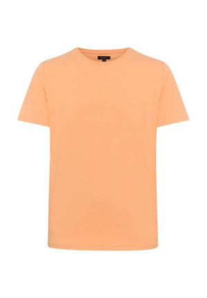 Kurzärmeliges T-Shirt aus leichtem orangefarbenem Baumwollstoff. Klassisches Rundhalsdesign, reguläre Passform, glatte Textur und keine sichtbaren Muster oder Akzente.