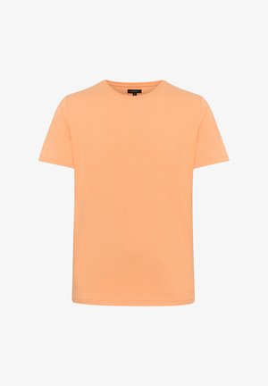 Koszulka z krótkim rękawem w jasnopomarańczowym kolorze z bawełny. Klasyczny fason z okrągłym dekoltem, regularny krój, gładka tekstura i brak widocznych wzorów lub akcentów.