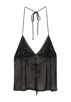 Black sheer camisole with spaghetti straps, featuring floral beadwork accents and a front tie closure. Light and textured fabric.