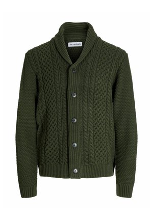 Sötétzöld kötött kardigán, sálzíjjal. Textúrált mintákkal, öt gombbal, valamint bordás mandzsettákkal és aljjal rendelkezik.