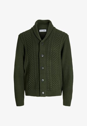 Sötétzöld kötött kardigán, sálzíjjal. Textúrált mintákkal, öt gombbal, valamint bordás mandzsettákkal és aljjal rendelkezik.
