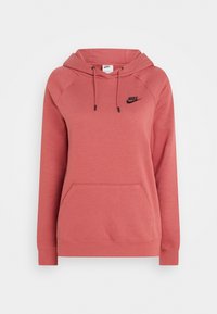 Röd hoodie i mjukt material, med känguruficka, dragskohette och svart Nike-logotyp på bröstet. Ribbstickade ärmslut och fåll.