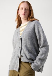 Gray woolen cardigan with a V-neck, front buttons, and ribbed cuffs. Paired with a striped shirt, it features two side pockets.
