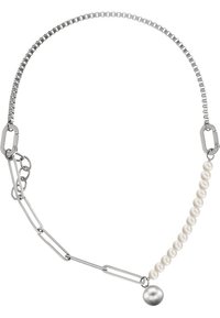 Collier en argent avec des perles lisses alternées et une boule en argent poli, au design de maillons moderne et avec un fermoir ajustable.