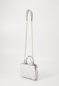 White leather handbag with a textured finish, featuring dual handles, a metallic chain strap, and an embossed logo pattern.