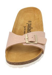 Lichtroze slide-sandalen met een gestructureerde band en gouden gesp. Kurken voetbed met een witte rubberen zool, met een gladde, gebogen vorm.