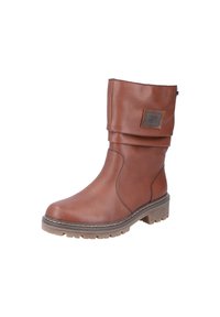 Bottine en cuir marron avec un revers, finition texturée, coutures renforcées et semelle en caoutchouc dotée d'un motif de profil.