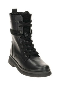 Zwarte leren enkelboot met een textuur, fuzzy kraag, vetersluiting en een duurzame rubberen zool. Heeft zilveren veterogen en zwarte veters.
