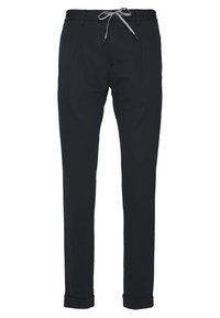 Zwarte, getailleerde broek met een elastische tailleband en trekkoord, voorzien van twee voorplooien en opgerolde manchetten aan de zoom. Matte textuur.
