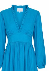 Robe bleue à manches longues avec encolure en V volantée et taille froncée, étiquette indiquant "AMERICANDREAMS" taille petite.