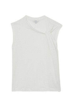 Valge varrukateta topp, millel on paremal õlal voltidega detail ja ümardatud kaelus.