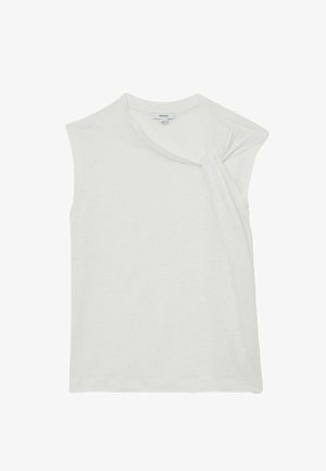 Biely top bez rukávov so zhrnutým detailom na pravom ramene a zaobleným výstrihom.