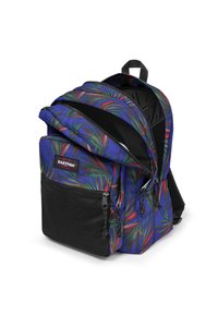 Sac à dos avec un motif de feuilles tropicales bleues, poche en mesh noire, ouvertures à double fermeture éclair et bretelles rembourrées pour le confort.