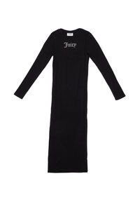 Lungo abito nero in tessuto morbido, con maniche lunghe e scollo rotondo. La parola "Juicy" è stampata in bianco sul petto.