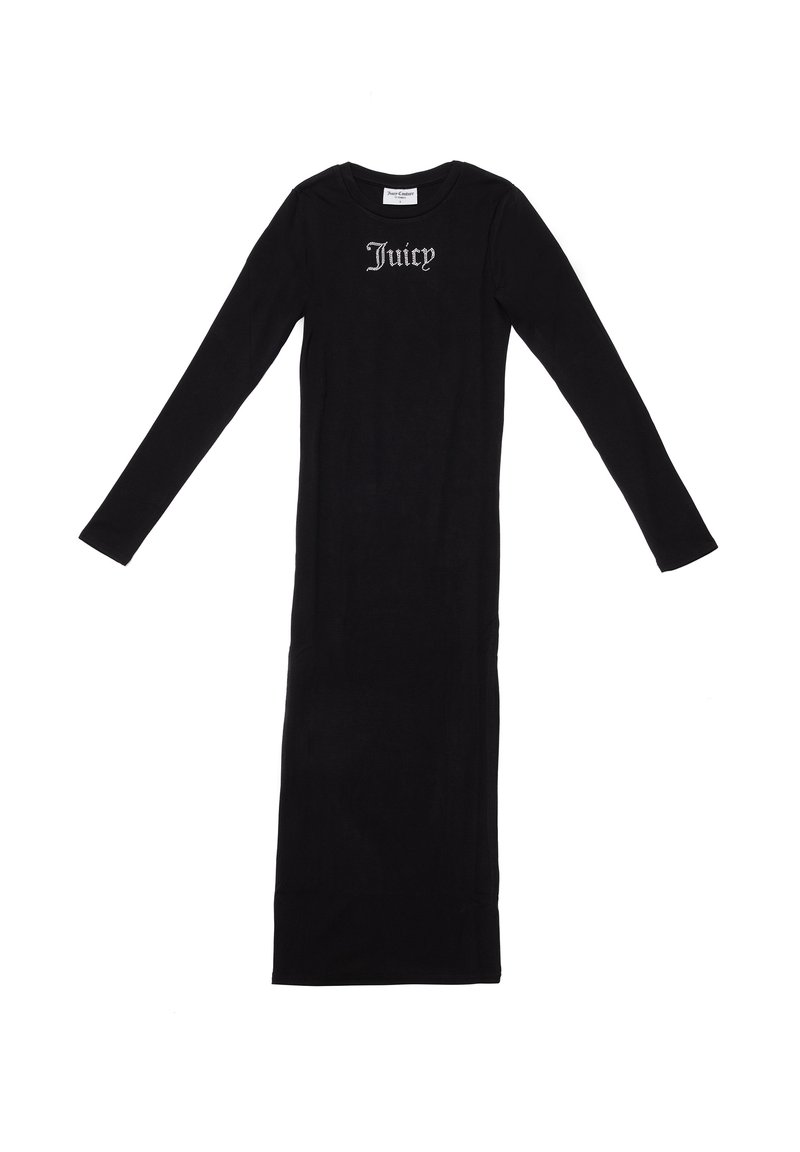 Lungo abito nero in tessuto morbido, con maniche lunghe e scollo rotondo. La parola "Juicy" è stampata in bianco sul petto.