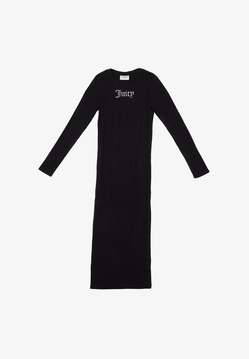 Lungo abito nero in tessuto morbido, con maniche lunghe e scollo rotondo. La parola "Juicy" è stampata in bianco sul petto.