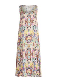 Robe maxi avec un décolleté en V, fabriquée en tissu léger. Elle présente un motif floral multicolore avec des formes complexes et des textures douces.