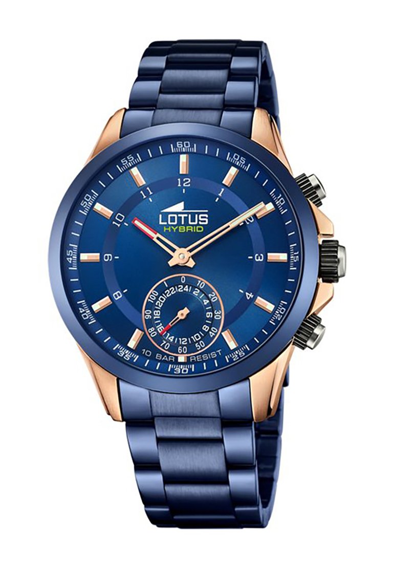 El reloj Blue Lotus Hybrid presenta una esfera azul, acentos en oro rosa, funciones de cronógrafo y una pulsera de acero inoxidable con eslabones.