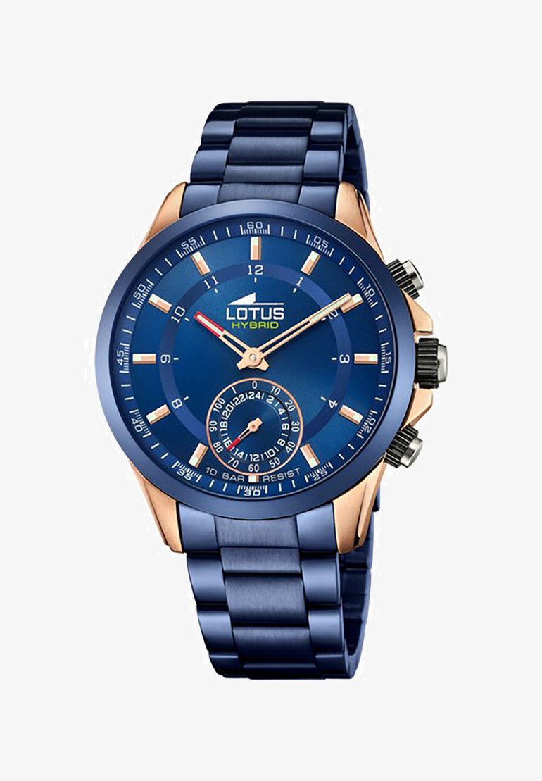 Blue Lotus Hybrid pulksteņa funkcijas: zila ciparnīca, rozā zelta akcenti, hronogrāfa funkcijas un savienots nerūsējošā tērauda aproce.
