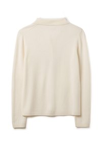 Maglione color crema con colletto ripiegato, maniche lunghe e una consistenza morbida. Presenta un design semplice e pulito con polsini e orlo a coste.