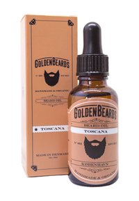 Bärnstensfärgad glasflaska med svart pipettlock, prydd med en brun etikett med texten "Golden Beards" och "Toscana". Inkluderar en matchande pappförpackning.