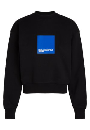 Mustat lyhyet hihattomat hupparit pehmeästä kankaasta, jossa on sininen neliölogo ja valkoinen teksti "KARL LAGERFELD JEANS" edessä.