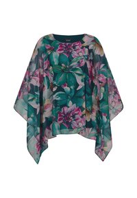 Bloemige poncho van transparant materiaal, met een donkergroene achtergrond en grote roze en witte bloemen, een losse pasvorm en een ronde halslijn.
