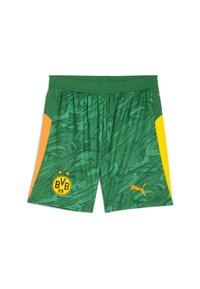 Groene sportieve shorts met een patroonstructuur, voorzien van oranje en gele accenten, BVB-logo en Puma-branding. Elastische tailleband.