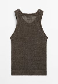Débardeur en tricot sans manches de couleur marron foncé, avec un col rond et des bordures côtelées au niveau du col, des emmanchures et de l'ourlet.