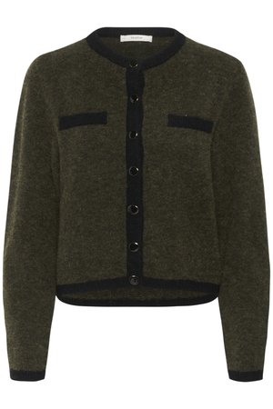 Olive green cardigan made of textured fabric, featuring a round neckline, front buttons, and two black patch pockets.