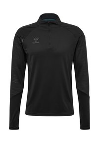 Zwarte sportieve longsleeve-top met een kwartrits, voorzien van gestructureerde schouderpanelen en een logo op de borst. Gemaakt van lichtgewicht materiaal.