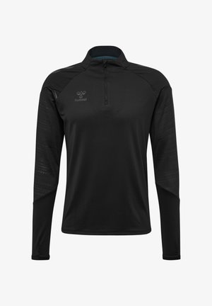 Maglia atletica nera a maniche lunghe con zip a un quarto, dotata di pannelli tattili sulle spalle e logo sul petto. Realizzata in materiale leggero.