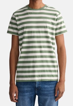 Zielona i biała w paski koszulka wykonana z bawełny, z okrągłym dekoltem i krótkimi rękawami, z małym logo na piersi.