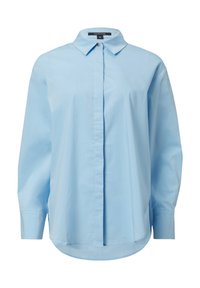 Light blue long-sleeve shirt made of smooth fabric. Features a classic collar, front button closure, and a curved hem.