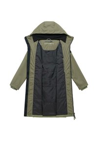 Olivovo zelená parka s kapucňou, čiernou prešívanou vnútornou podšívkou, dlhými rukávmi a zapínaním na zips, položená rovno s rozopnutým predkom.