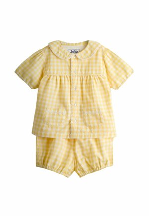 Yellow and white gingham short-sleeve button-up top with collar and matching elastic-waist shorts for a baby.