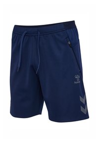 Marineblaue Sportshorts aus leichtem Stoff, mit elastischem Bund und Kordelzug, Seitentasche mit Reißverschluss und Logo.