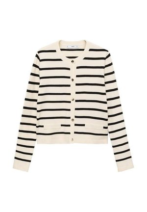 Cardigan a righe in crema e nero, con maniche lunghe, scollatura rotonda, chiusura con bottoni e due tasche frontali. Tessuto morbido.