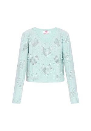 Helles mintgrünes Strickpullover mit V-Ausschnitt, langen Ärmeln und strukturierten Mustern mit erhöhten Punkten und Zickzack-Designs im gesamten Pullover.