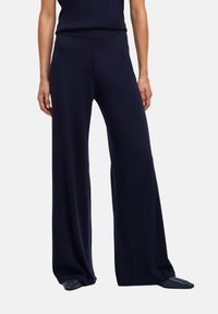 Brede broek in donker marineblauw stof, met een gladde textuur en een elastische tailleband. Schoenen zijn met een puntige neus en hebben een strak ontwerp.