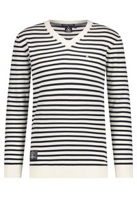 V-neck striped sweater made of cotton-blend fabric. Features navy and cream horizontal stripes, ribbed cuffs, and small logo detail.