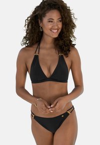 Black bikini featuring a triangular top with halter neck straps and gold accents, and low-rise bottom with side details. Smooth fabric texture.
