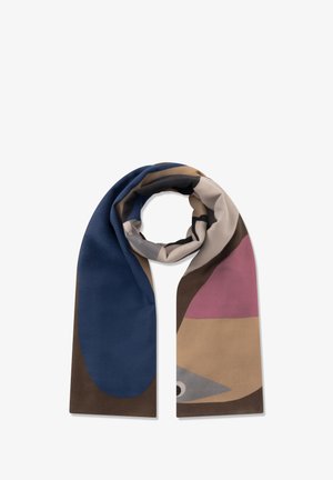 Écharpe colorée présentant un motif avec des sections bleues, roses, brunes et grises. Fabriquée en tissu doux, elle a une texture lisse et des bords arrondis.