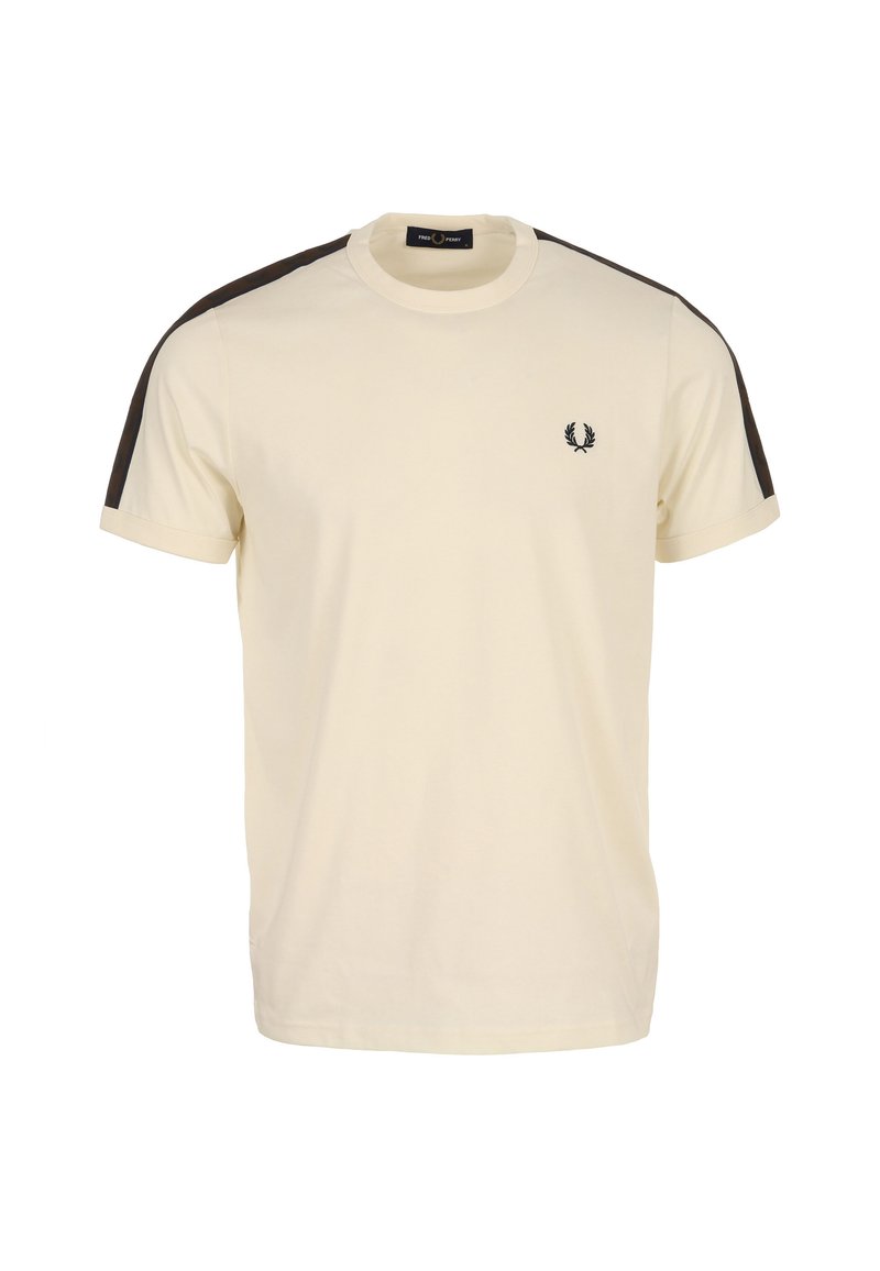 Korte mouwen crème T-shirt gemaakt van katoen, met zwarte accentstrepen op de schouders en een klein zwart logo op de borst.