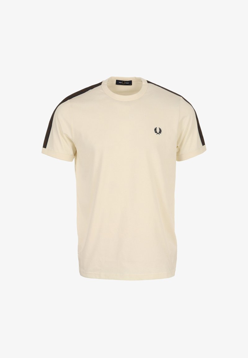 Korte mouwen crème T-shirt gemaakt van katoen, met zwarte accentstrepen op de schouders en een klein zwart logo op de borst.